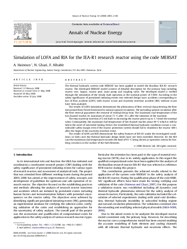 (PDF) Simulation of LOFA and RIA for the IEA-R1 research reactor using ...
