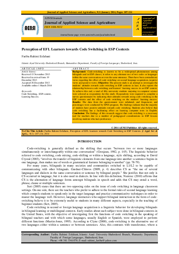 (PDF) Perception of EFL Learners towards Code Switching in ESP Contexts