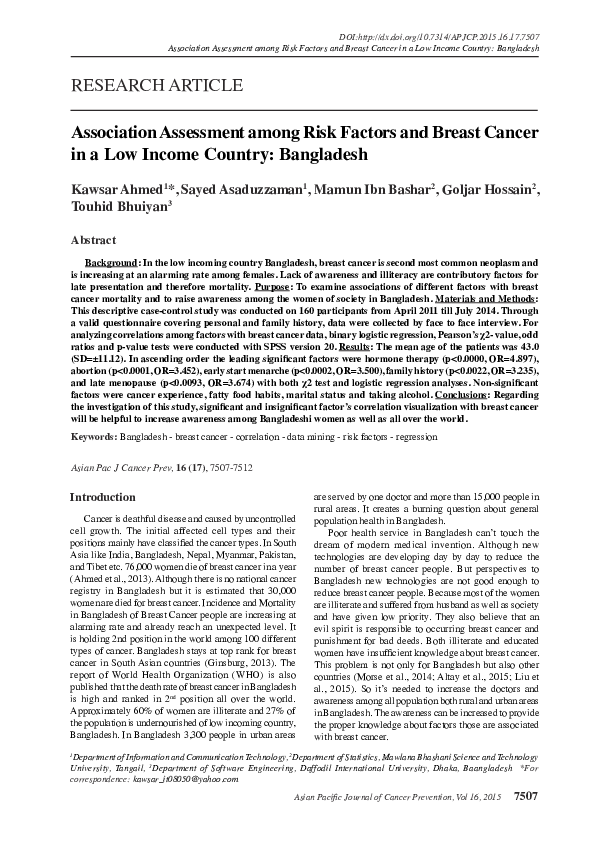 (PDF) Association Assessment among Risk Factors and Breast Cancer in a ...