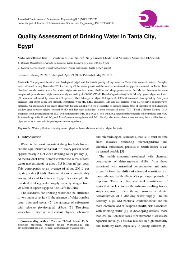 (PDF) Quality Assessment of Drinking Water in Tanta City, Egypt