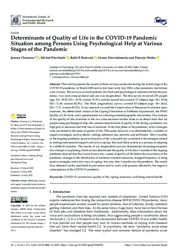 (PDF) Determinants of Quality of Life in the COVID-19 Pandemic ...