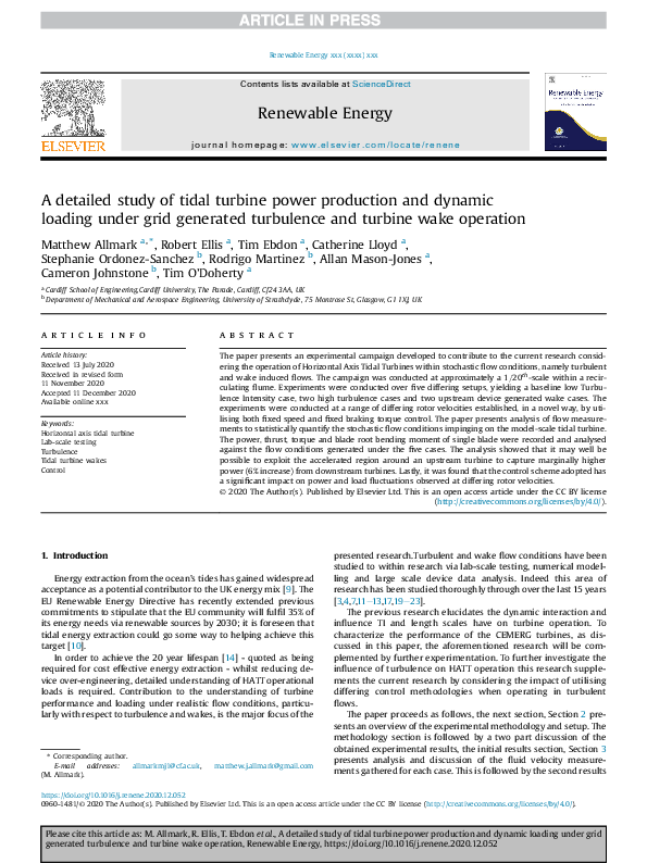 (PDF) A detailed study of tidal turbine power production and dynamic ...