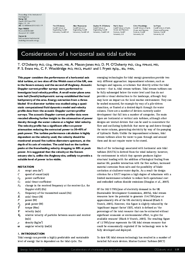 (PDF) Considerations of a horizontal axis tidal turbine