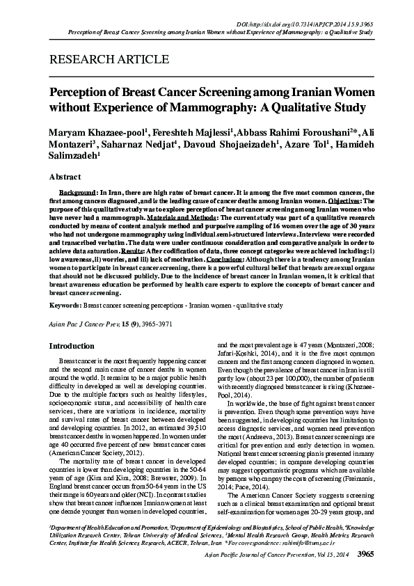 (PDF) Perception of Breast Cancer Screening among Iranian Women without ...