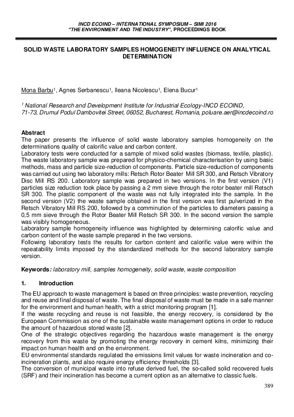 (PDF) Solid Waste Laboratory Samples Homogeneity Influence on ...