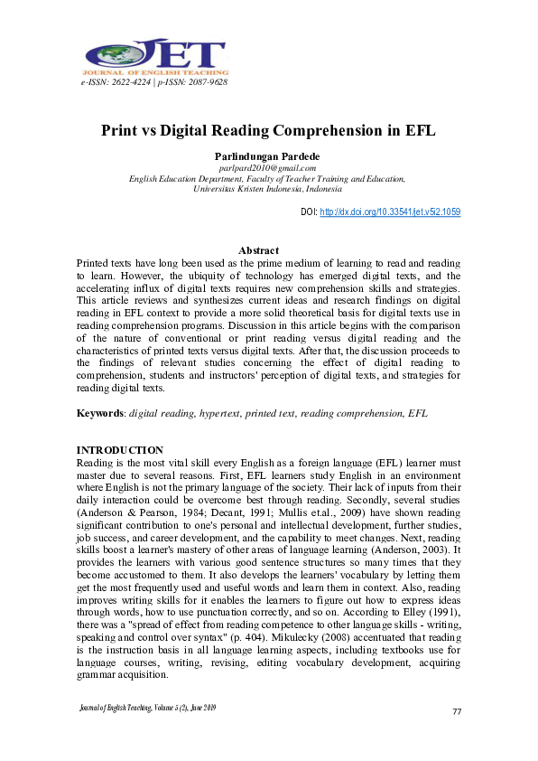 (PDF) Print vs Digital Reading Comprehension in EFL Parlindungan