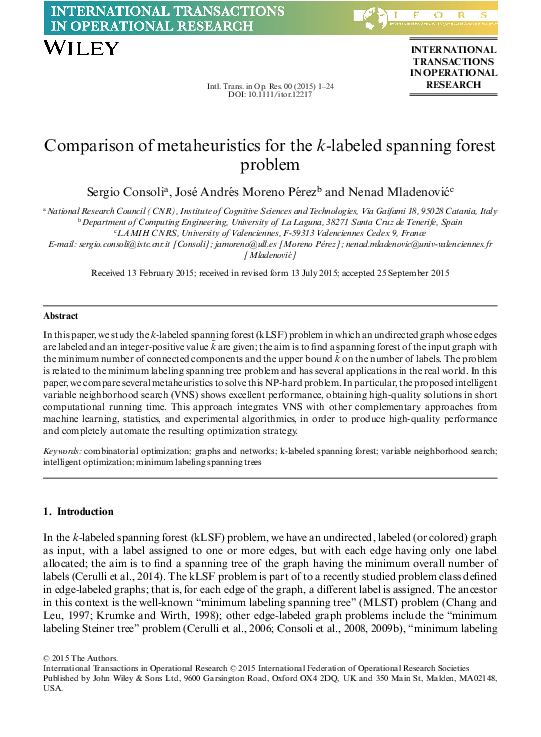 (PDF) Comparison of metaheuristics for the k -labeled spanning forest ...