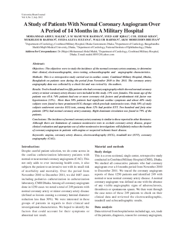 (PDF) A Study of Patients With Normal Coronary Angiogram Over A Period ...