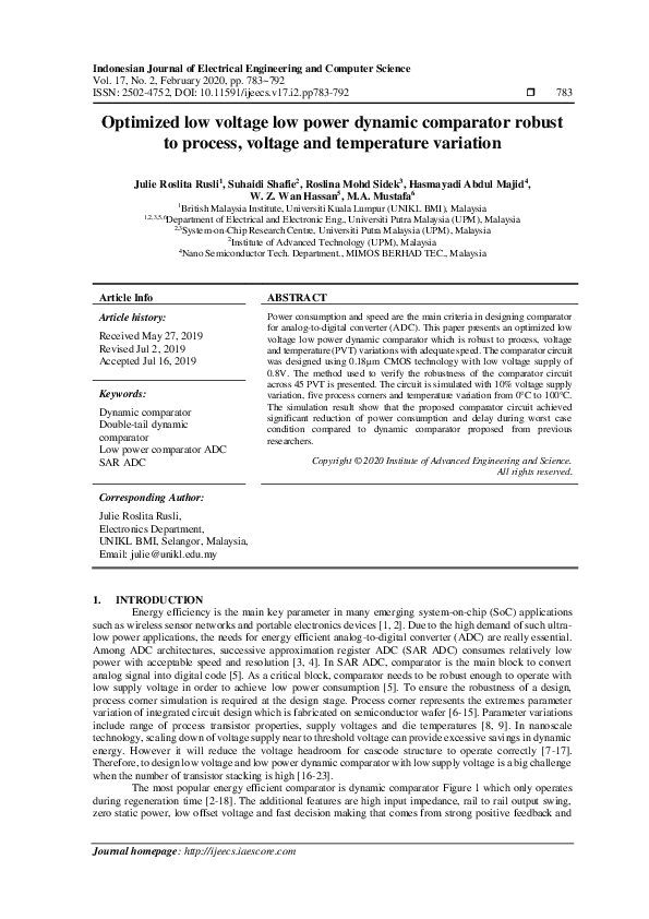 (PDF) Optimized low voltage low power dynamic comparator robust to ...