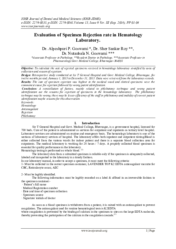 (PDF) Evaluation of Specimen Rejection rate in Hematology Laboratory