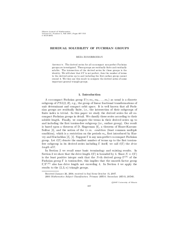 (PDF) Residual solubility of Fuchsian groups Reza Zomorrodian