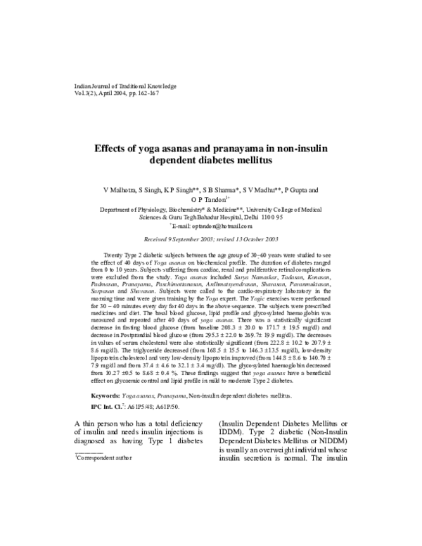 (PDF) Effects of yoga asanas and pranayama in non-insulin dependent ...