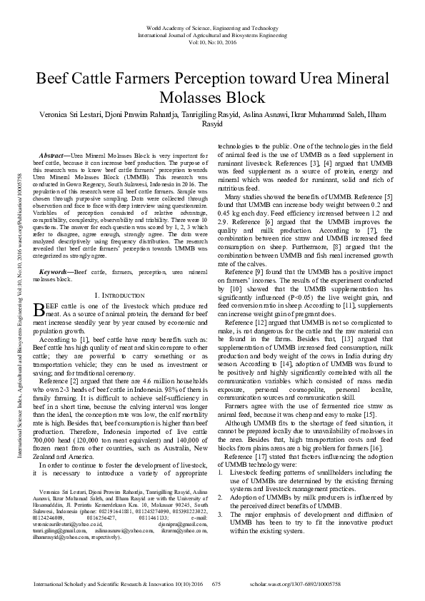 (PDF) Beef Cattle Farmers Perception Toward Urea Mineral Molasses Block