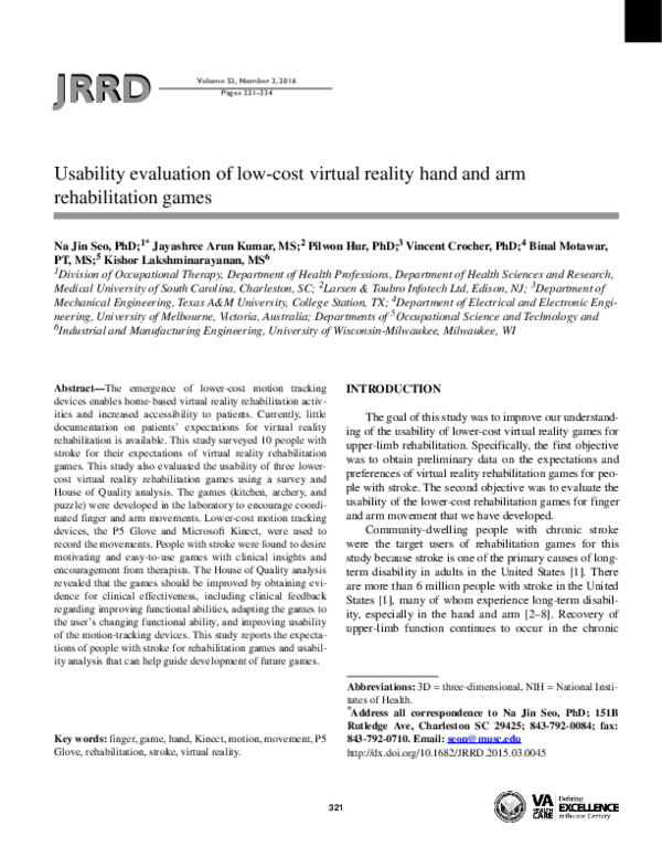 (PDF) Usability evaluation of low-cost virtual reality hand and arm ...