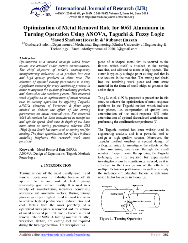 (PDF) Optimization of Metal Removal Rate for 6061 Aluminum in Turning ...