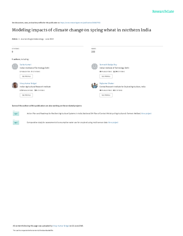 (PDF) Modeling impacts of climate change on spring wheat in northern India