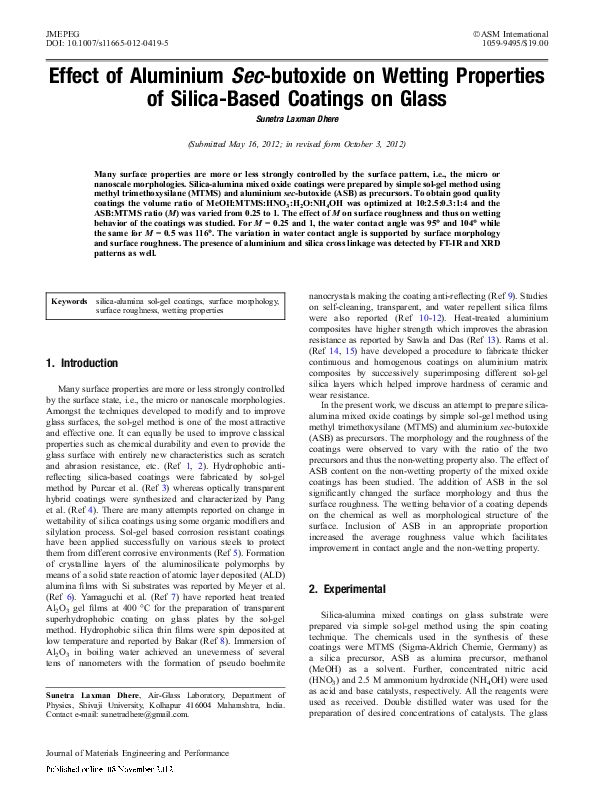 (PDF) Effect of Aluminium Sec-butoxide on Wetting Properties of Silica ...