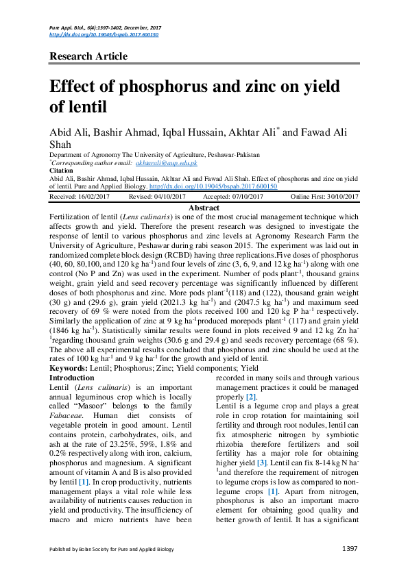 (PDF) Effect of phosphorus and zinc on yield of lentil