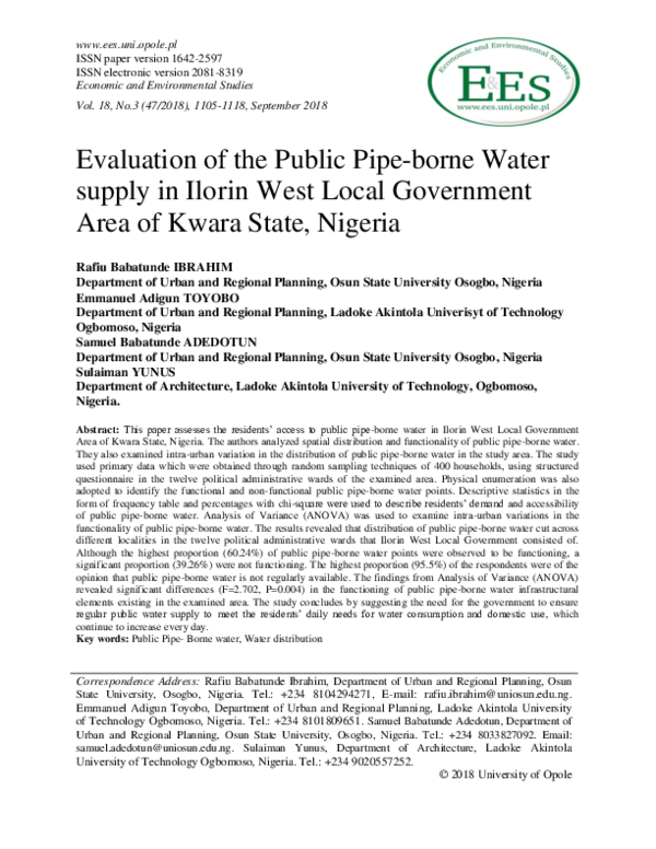 (PDF) Evaluation of the Public Pipeborne Water supply in Ilorin West Local Government Area of