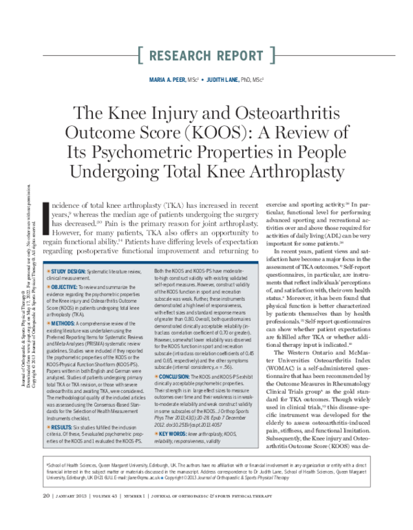 (PDF) The Knee Injury and Osteoarthritis Outcome Score (KOOS): A Review ...