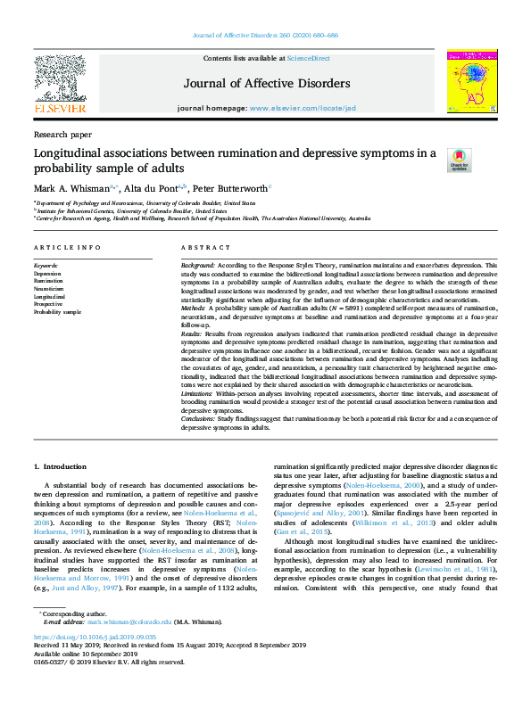 (PDF) Longitudinal associations between rumination and depressive
