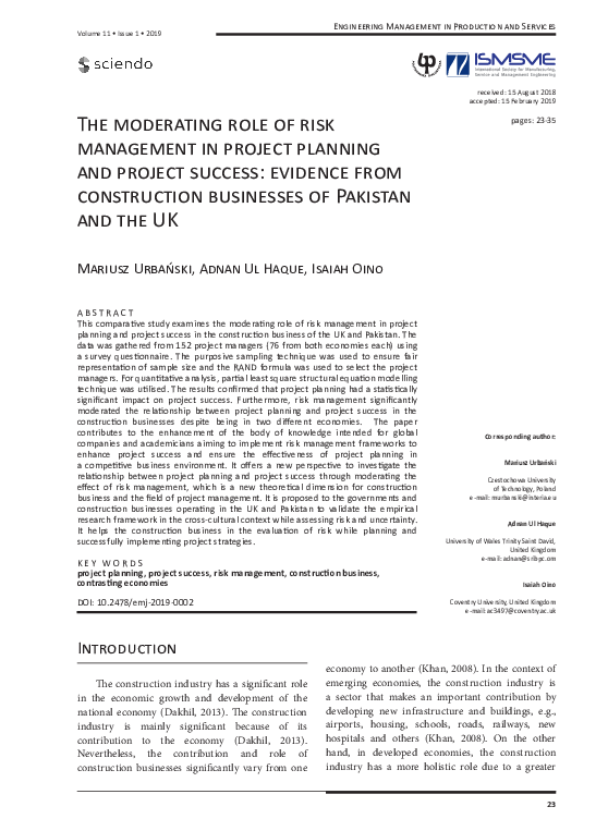 (PDF) The moderating role of risk management in project planning and ...