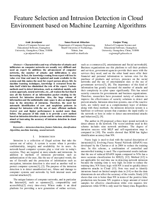 (PDF) Feature Selection and Intrusion Detection in Cloud Environment ...