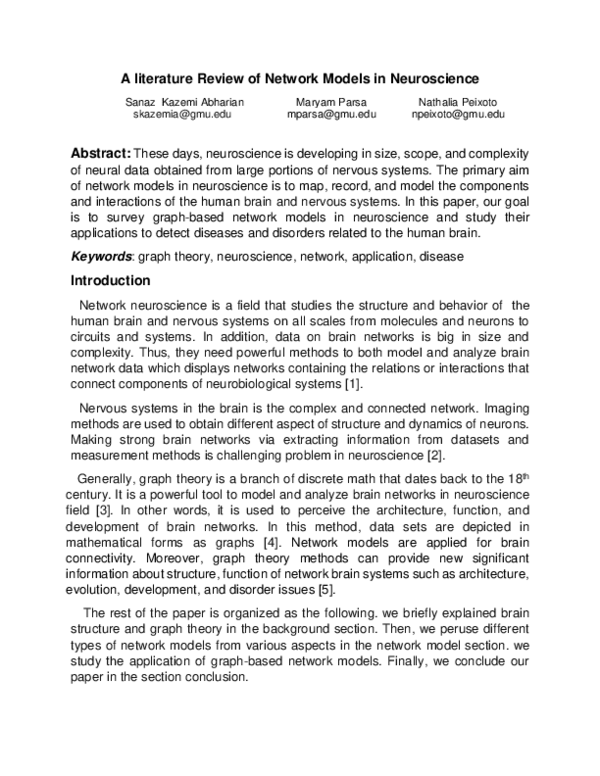 (PDF) A literature Review of Network Models in Neuroscience