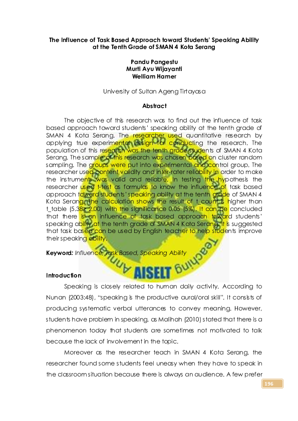 (PDF) The Influence of Task Based Approach toward Students’ Speaking ...