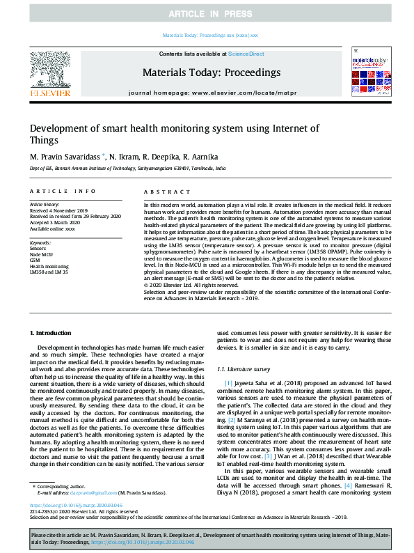 (PDF) Development of smart health monitoring system using Internet of ...