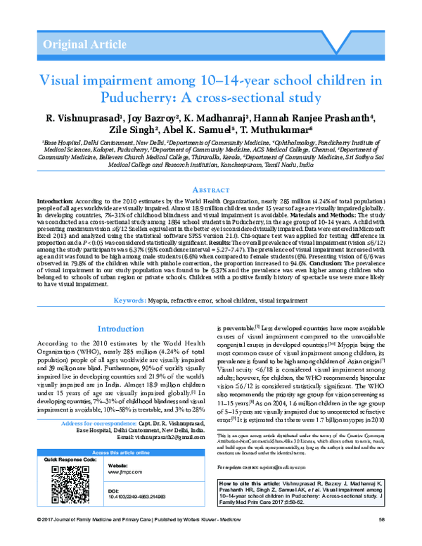 (PDF) Visual impairment among 10–14-year school children in Puducherry ...