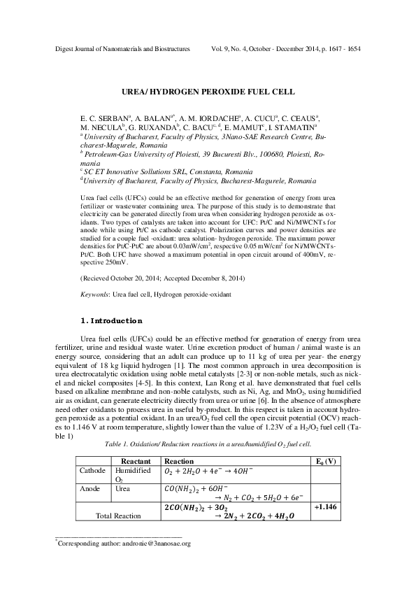 (PDF) Urea/Hydrogen Peroxide Fuel Cell Ioan Stamatin Academia.edu