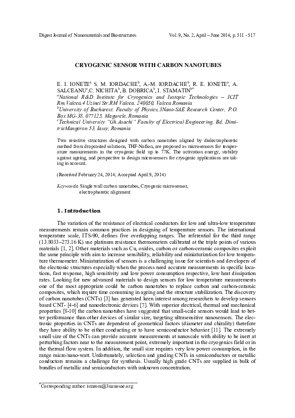 (PDF) Cryogenic Sensor With Carbon Nanotubes