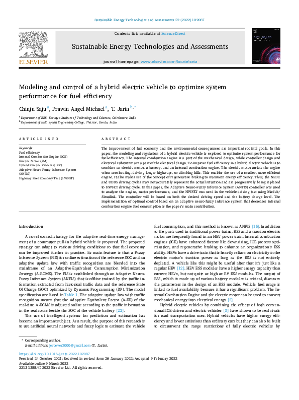 (PDF) Modeling and control of a hybrid electric vehicle to optimize ...