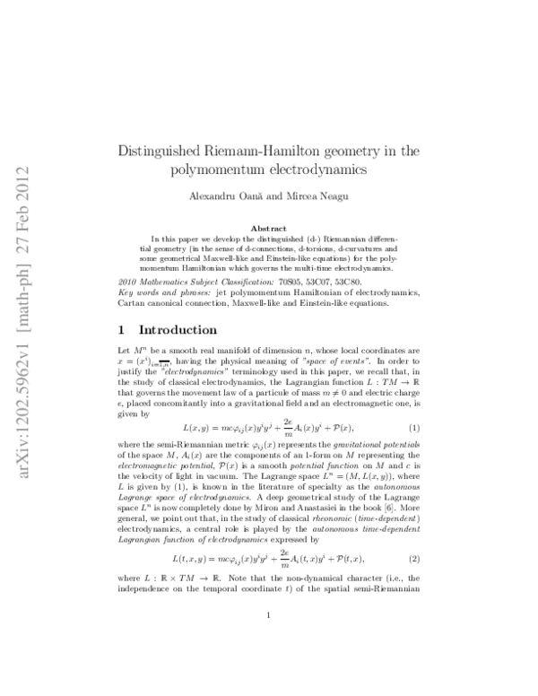 (PDF) Distinguished Riemann-Hamilton geometry in the