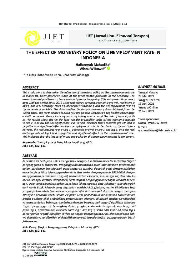(PDF) The Effect of Monetary Policy on Unemployment Rate in Indonesia