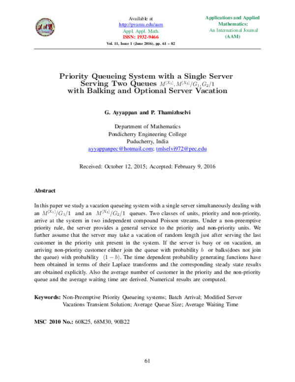 (PDF) Priority Queueing System with a Single Server Serving Two Queues
