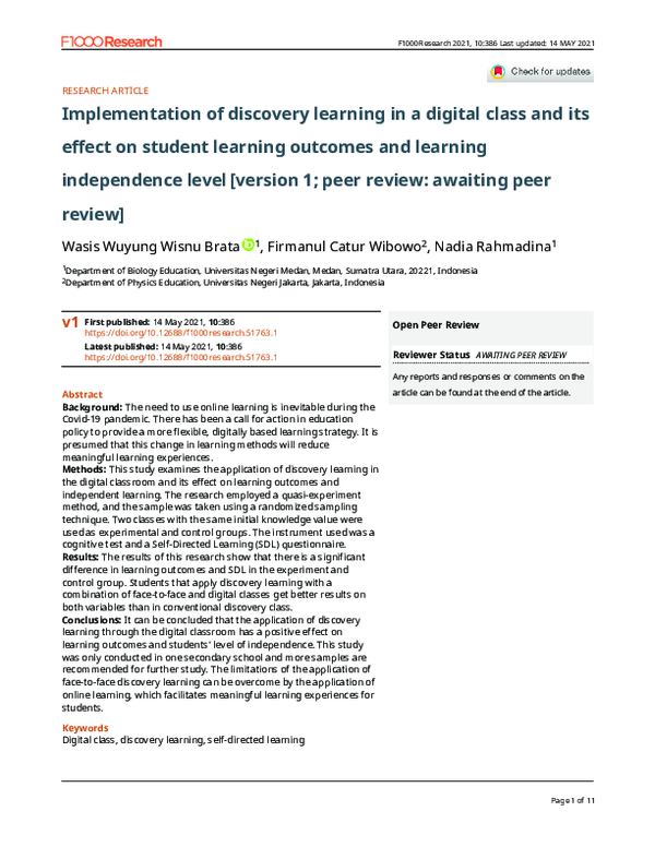 (PDF) Implementation of discovery learning in a digital class and its ...