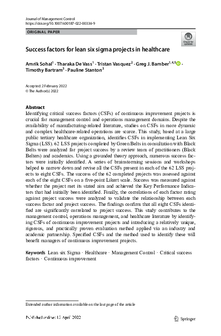 (PDF) Success factors for lean six sigma projects in healthcare