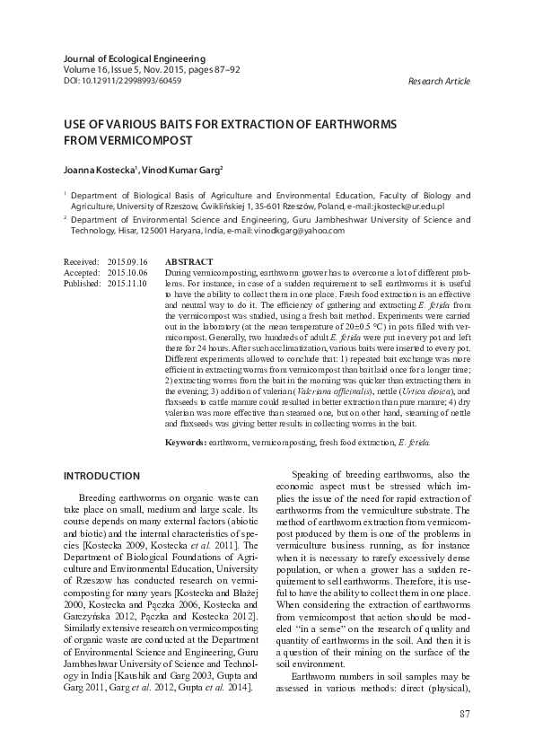 (PDF) Use of Various Baits for Extraction of Earthworms from Vermicompost