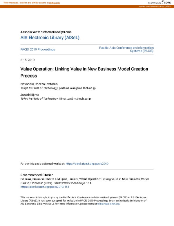 (PDF) Value Operation: Linking Value in New Business Model Creation Process