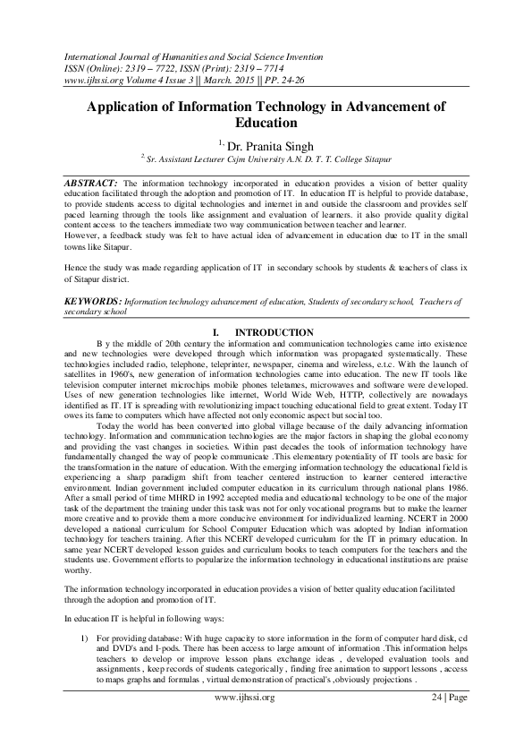 (PDF) Application of Information Technology in Advancement of Education