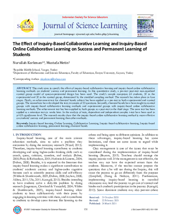 (PDF) The Effect of Inquiry-Based Collaborative Learning and Inquiry ...