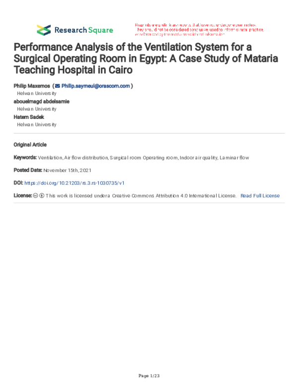 (PDF) Performance Analysis of the Ventilation System for a Surgical ...