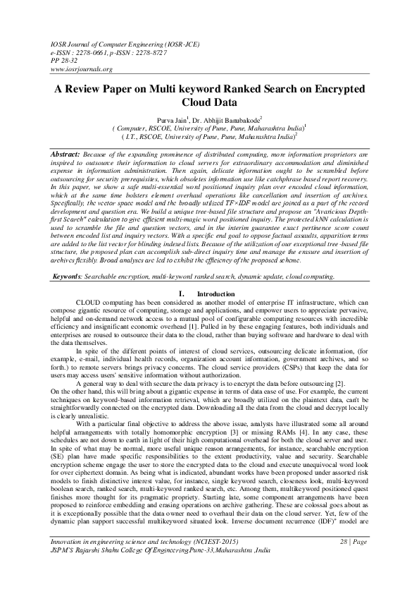 (PDF) A Review Paper on Multi keyword Ranked Search on Encrypted Cloud Data