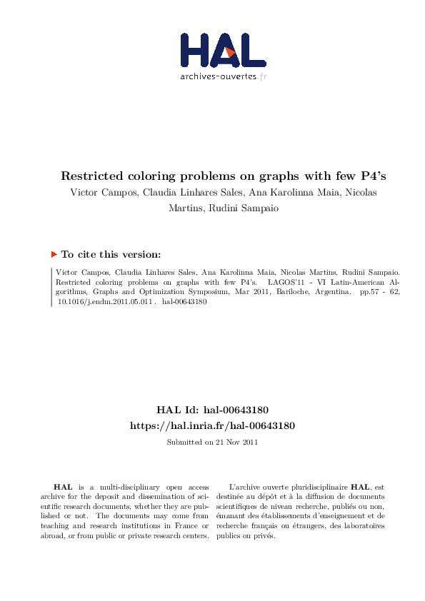 (PDF) Restricted coloring problems on Graphs with few P 4’s