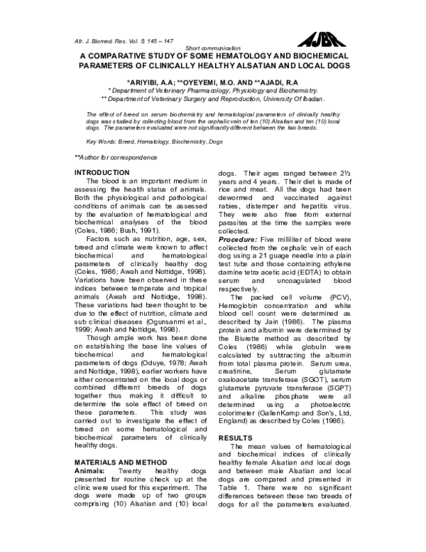 (PDF) A comparative study of some hematology and biochemical parameters ...