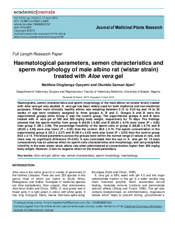 PDF) Haematological parameters, semen characteristics and sperm morphology  of male albino rat (wistar strain) treated with Aloe vera gel