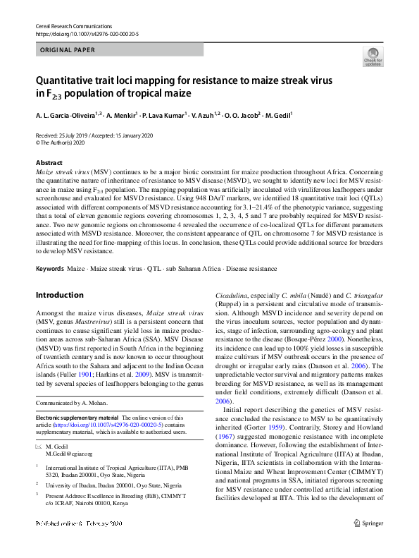 (PDF) Quantitative trait loci mapping for resistance to maize streak ...