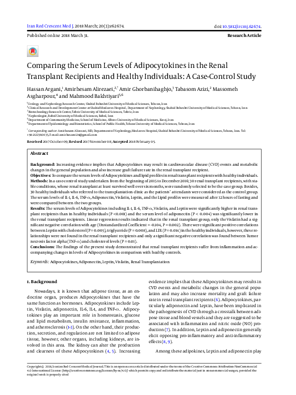 (PDF) Comparing the Serum Levels of Adipocytokines in the Renal ...